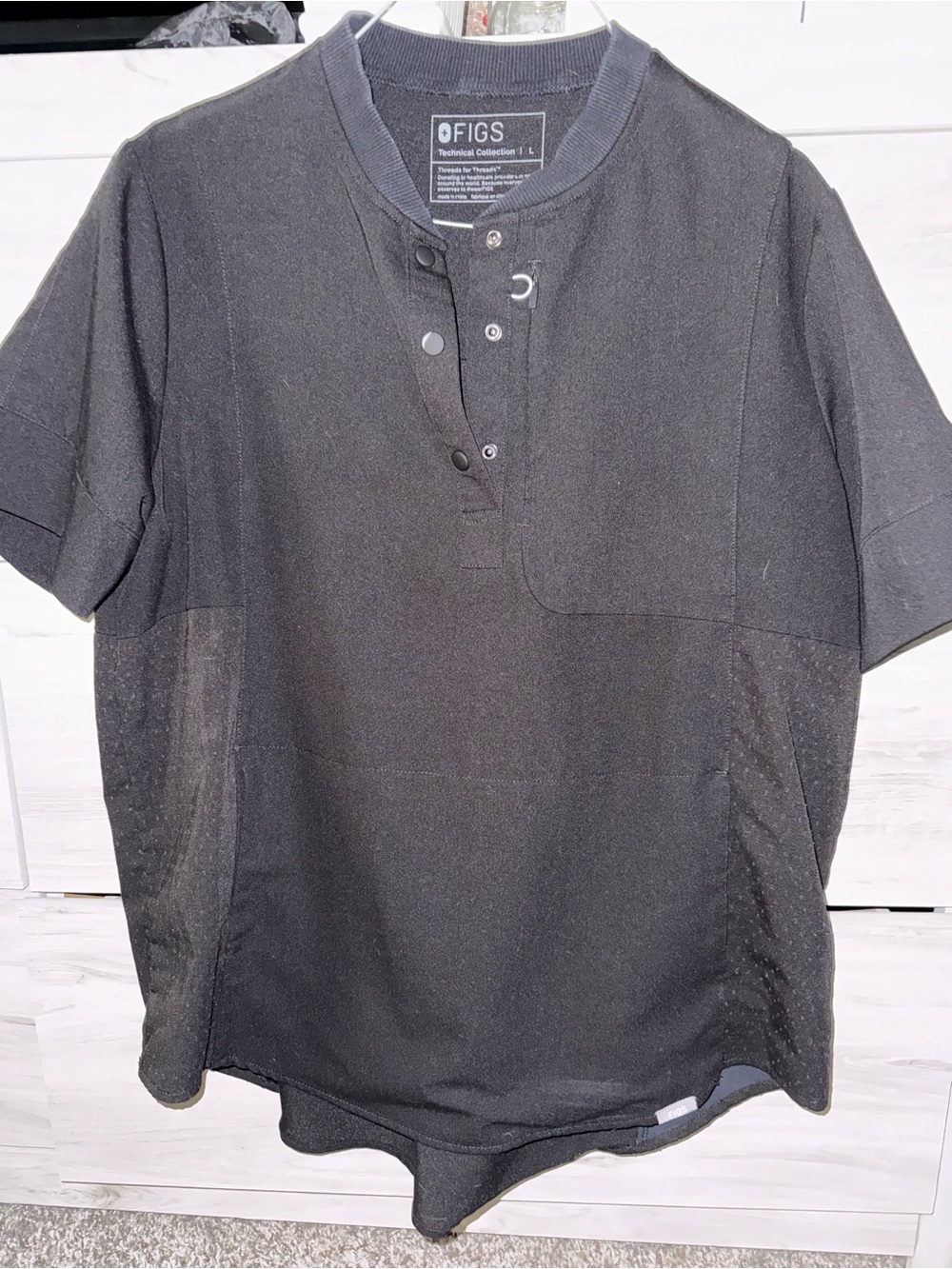 FIGS Black Short-Sleeve Henley with Snap Placket